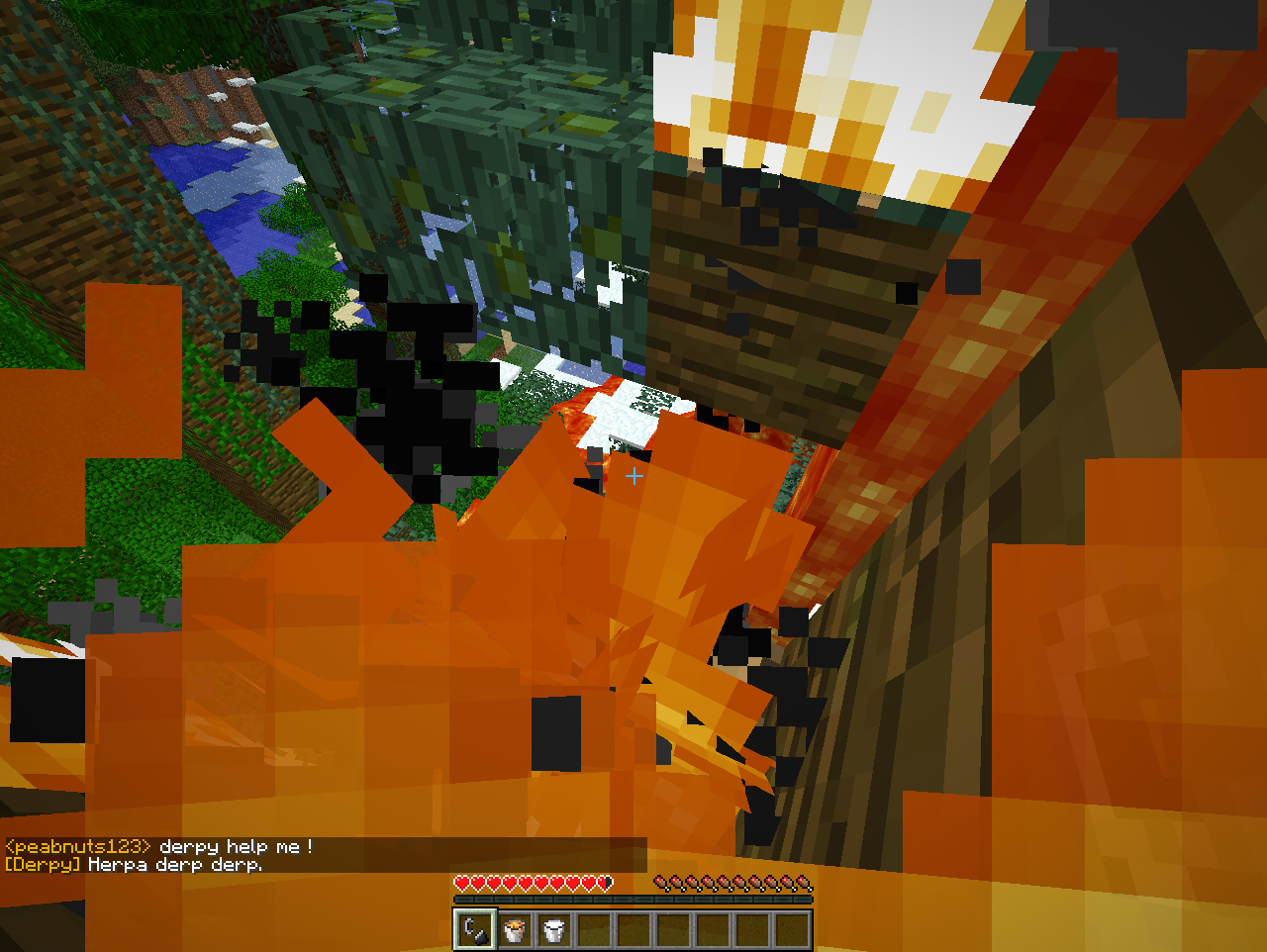 Screenshot of Minecraft. Player says "Derpy, help me!", DerpyBot replies "Herpa derp derp."