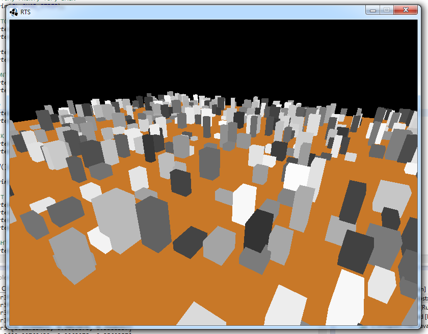 Screenshot of a 3D scene with scattered gray blocks on an orange floor