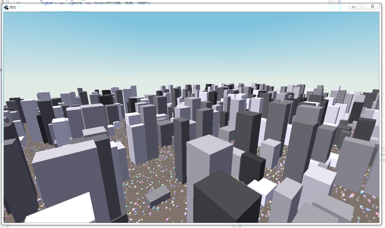 Screenshot of a 3D scene with scattered gray blocks with lighting and a sky backdrop. Smaller cubes can be seen littering the ground
