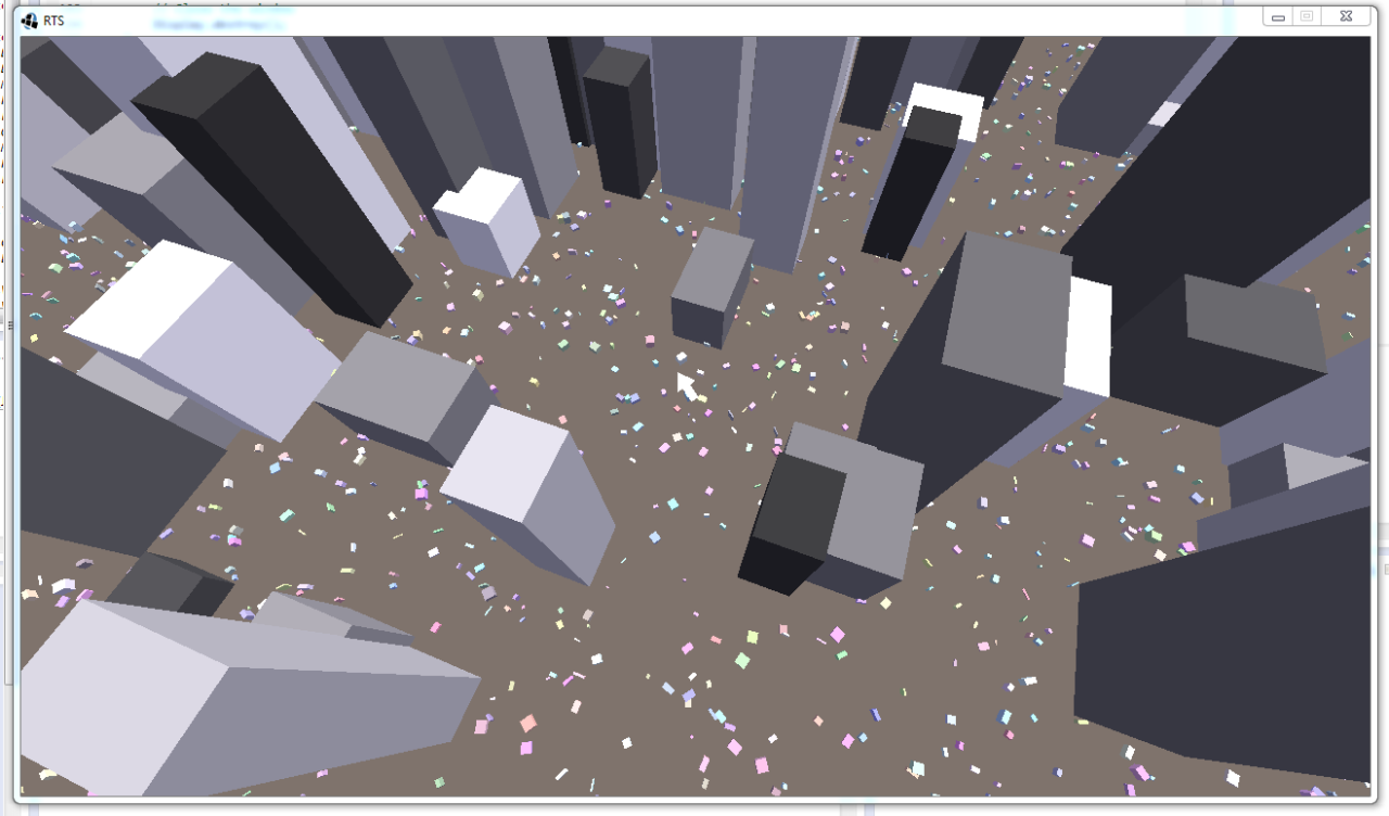 Screenshot of 3D scene looking downward at scattered gray blocks with a cursor arrow shape in the middle