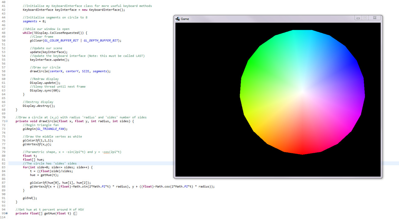 Screenshot of a circle coloured to all the different hues around the edge. Source code visible in the background