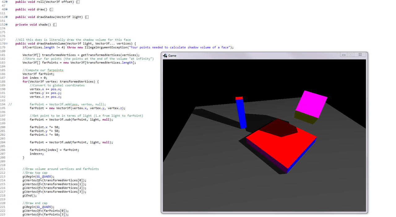 Screenshot of a 3D scene with 3 coloured cubes casting shadows. Source code visible in the background