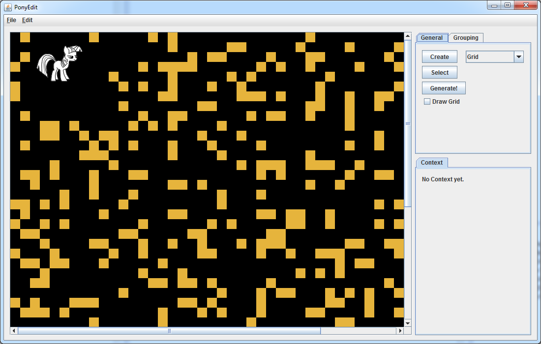 Screenshot of a visual editor application. To the left is a grid of blocks and a pony character. To the right are controls for editing the blocks such as 'Select' and 'Generate'