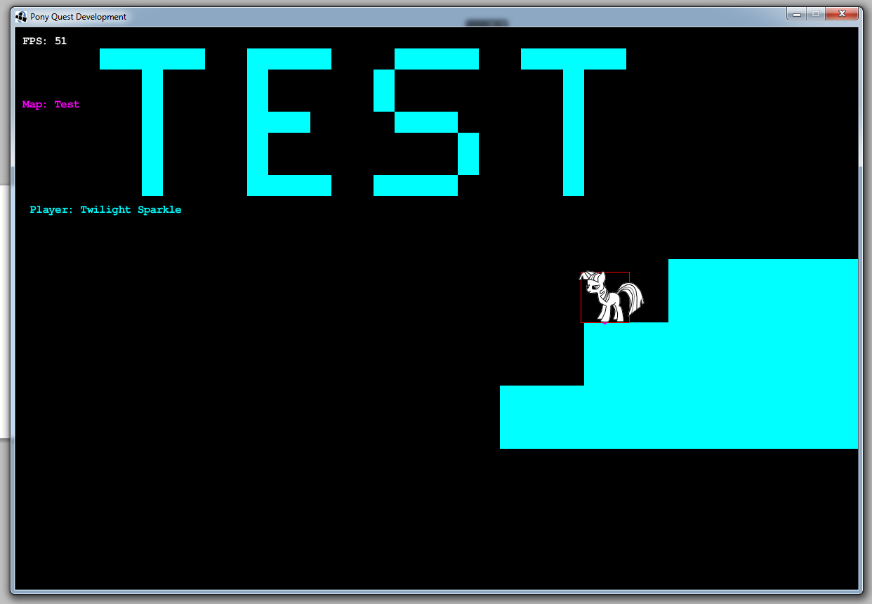 Screenshot of an incredibly basic 2D game with a pony character standing on the ground. The word 'Test' is written using blocks