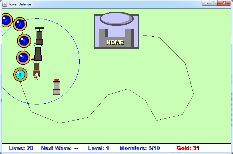 Screenshot of gameplay showing 4 towers shooting a wave of enemies